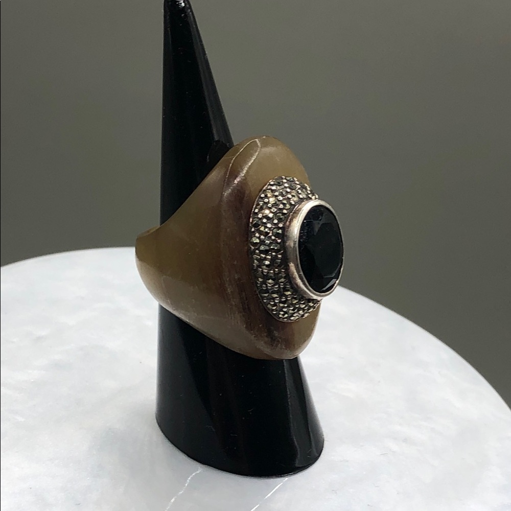 Judith Jack Victorian Style Carved Horn Ring Gemstones Sterling Silver 925